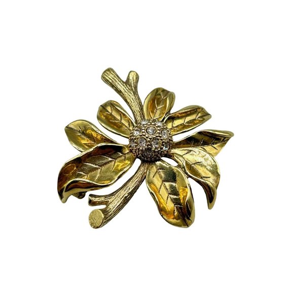 Vintage MONET Golden Flower Brooch Rhinestones Poinsettia Classic Pin Signed - Picture 1 of 7